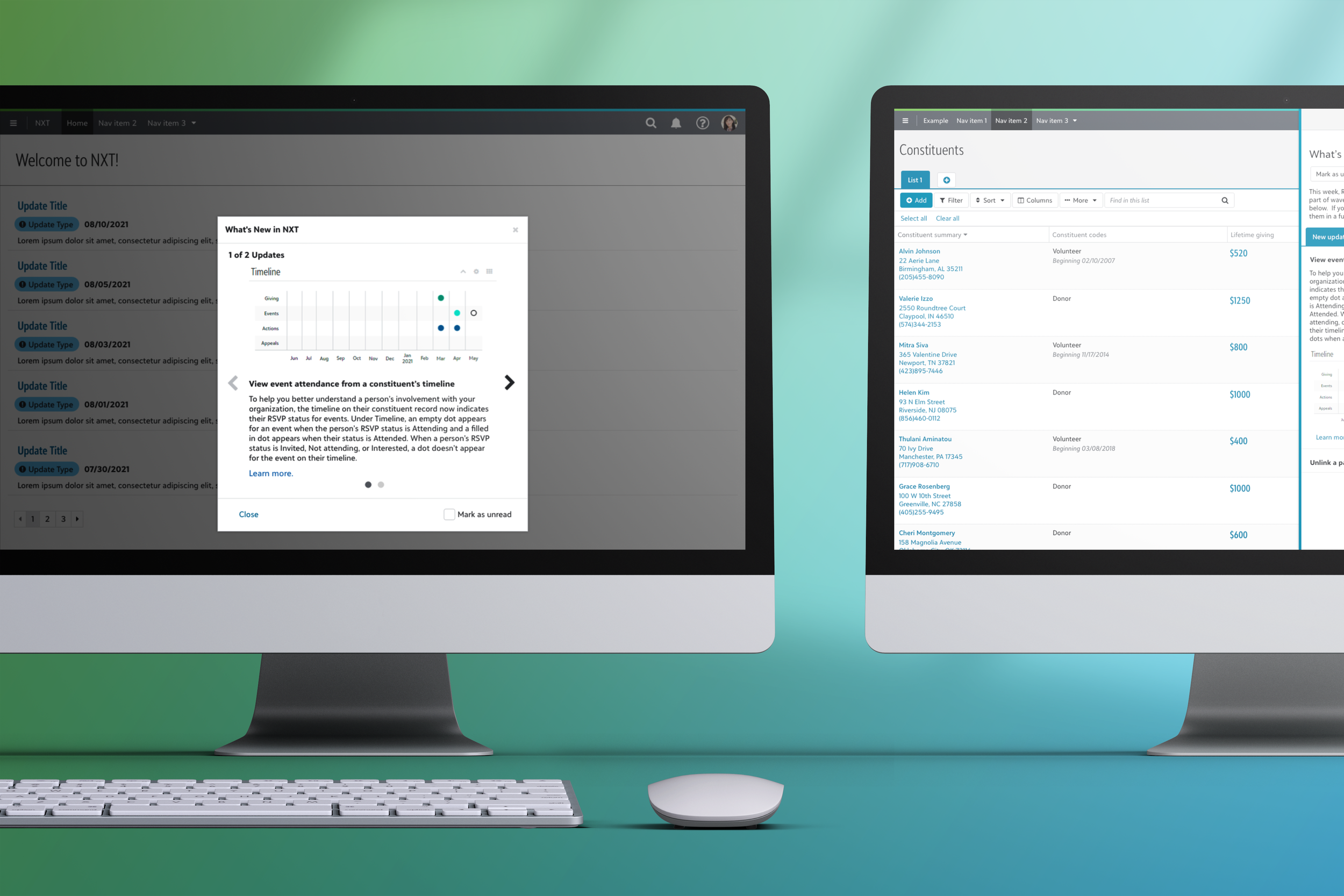 Two desktop monitors showing the redesigned What's New experience on a blue and green gradient background.